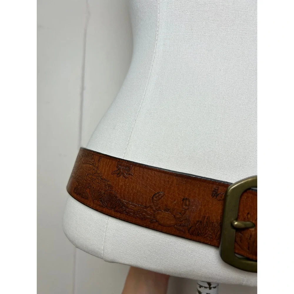 VTG Brown Embossed Leather Belt Nautical Costal Preppy Gorpcore Outdoors 32W